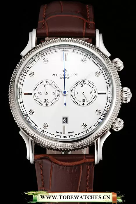 Patek Philippe Chronograph White Dial With Diamonds Stainless Steel Case Brown Leather Strap En122955