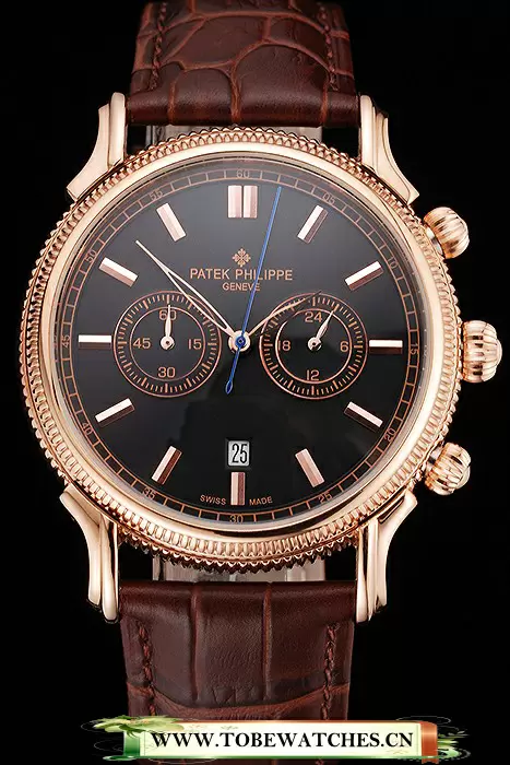 Patek Philippe Chronograph Black Dial Rose Gold Case Brown Leather Strap En122958