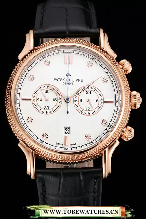 Patek Philippe Chronograph White Dial With Diamonds Rose Gold Case Black Leather Strap En122962