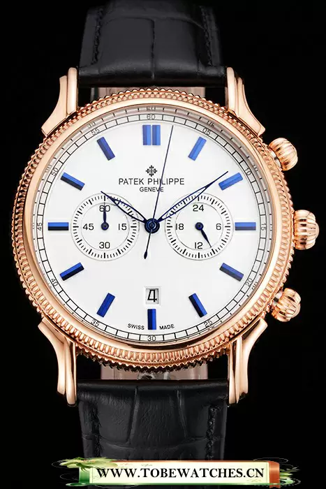 Patek Philippe Chronograph White Dial Blue Markings Rose Gold Case Black Leather Strap En122964