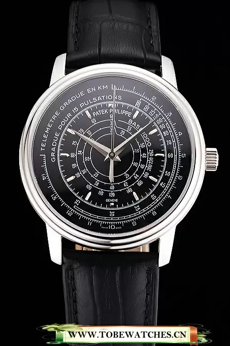 Patek Philippe Multi Scale Black Dial Stainless Steel Case Black Leather Strap En122979