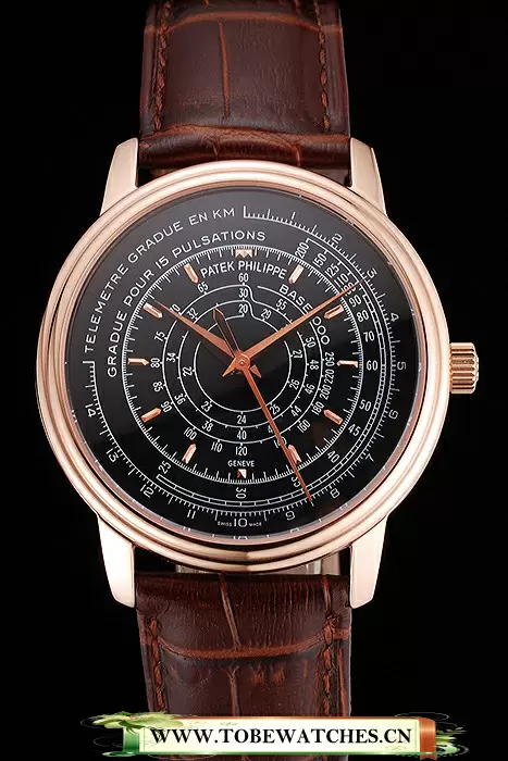 Patek Philippe Multi Scale Black Dial Rose Gold Case Brown Leather Strap En122983