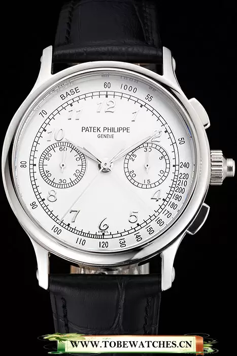 Patek Philippe Split Seconds White Dial Silver Numerals Stainless Steel Case Black Leather Strap En122985