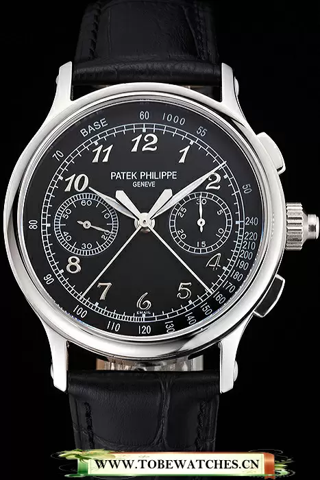 Patek Philippe Split Seconds Black Dial Stainless Steel Case Black Leather Strap En122989