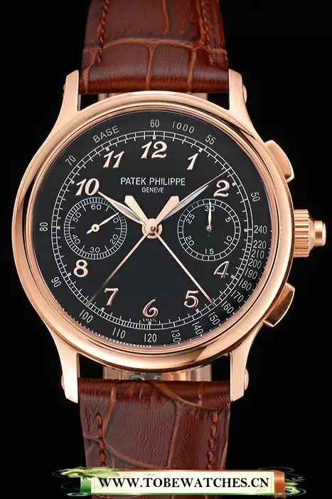 Patek Philippe Split Seconds Black Dial Rose Gold Case Brown Leather Strap En122993