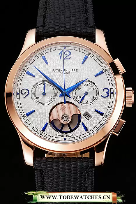 Patek Philippe Chronograph White Guilloche Dial Rose Gold Case Black Leather Strap En123382
