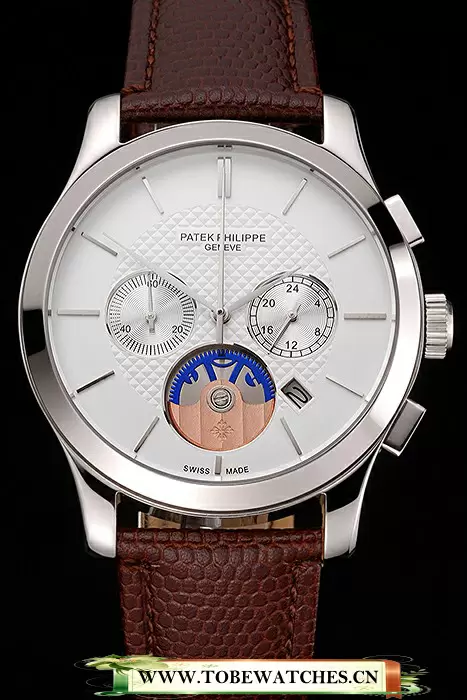 Patek Philippe Chronograph White Dial Stainless Steel Case Brown Leather Strap En123385