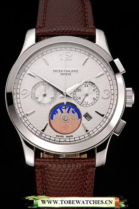 Patek Philippe Chronograph White Guilloche Dial Stainless Steel Case Brown Leather Strap En123387