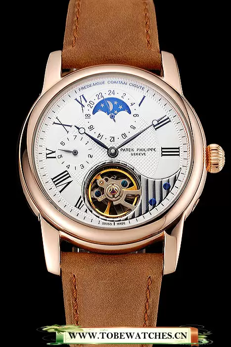 Patek Philippe Grand Complications GMT Moonphase Tourbillon White Dial Rose Gold Case Brown Suede Leather Strap En123924