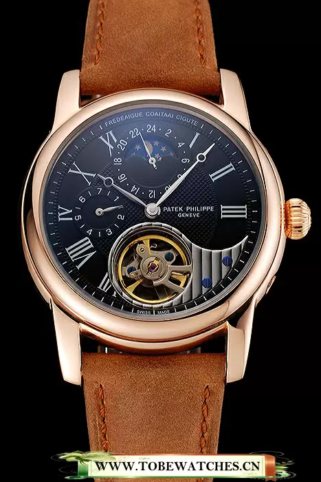 Patek Philippe Grand Complications GMT Moonphase Tourbillon Black Dial Rose Gold Case Brown Suede Leather Strap En123926