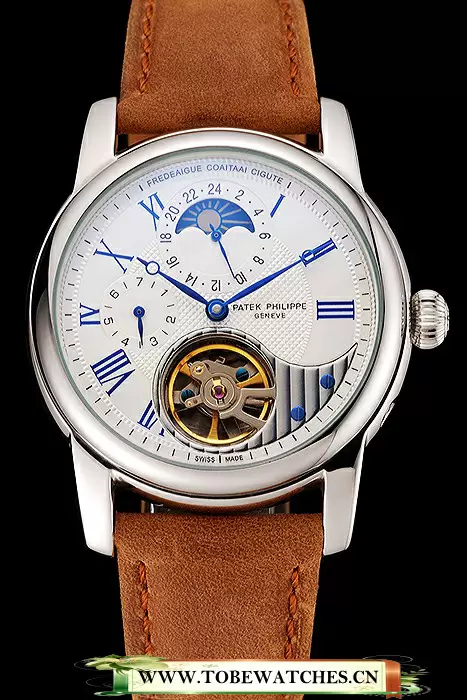 Patek Philippe Grand Complications GMT Moonphase Tourbillon White Dial Blue Numerals Stainless Steel Case Brown Suede Leather Strap En123928