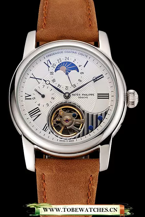 Patek Philippe Grand Complications GMT Moonphase Tourbillon White Dial Stainless Steel Case Brown Suede Leather Strap En123929