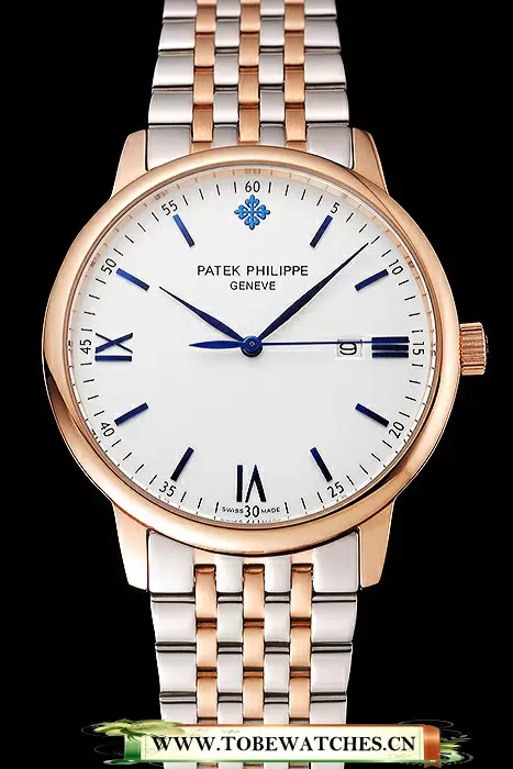 Patek Philippe Calatrava White Dial Blue Numerals Rose Gold Case Two Tone Bracelet En123934