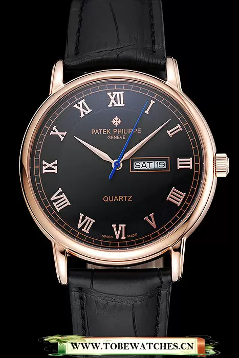 Patek Philippe Calatrava Black Dial Roman Numerals Gold Case Black Leather Bracelet En124899