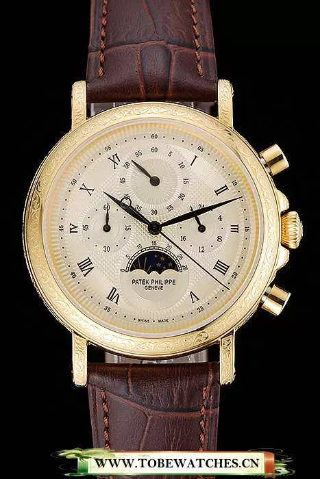 Patek Philippe Grand Complications Gold Dial Engraved Gold Case Brown Leather Bracelet En125138