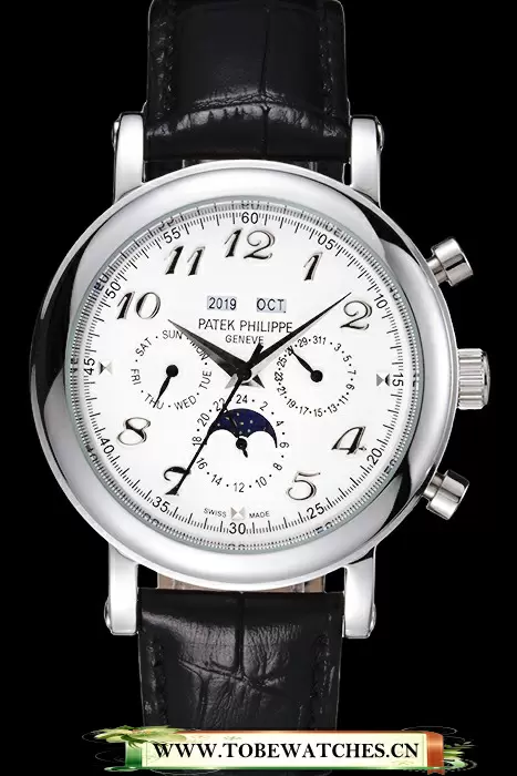 Patek Philippe Grand Complications Moon Phase White Dial Black Leather Bracelet En59082