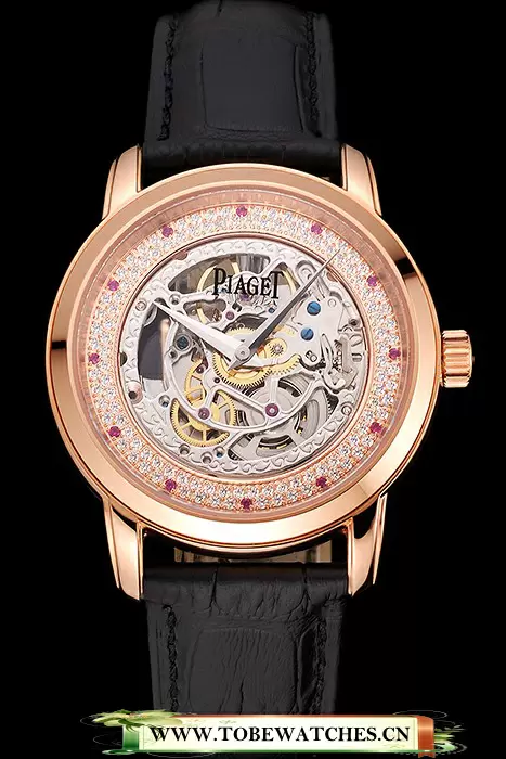 Piaget Altiplano Skeleton Dial With Diamonds Rose Gold Case Black Leather Strap En122779