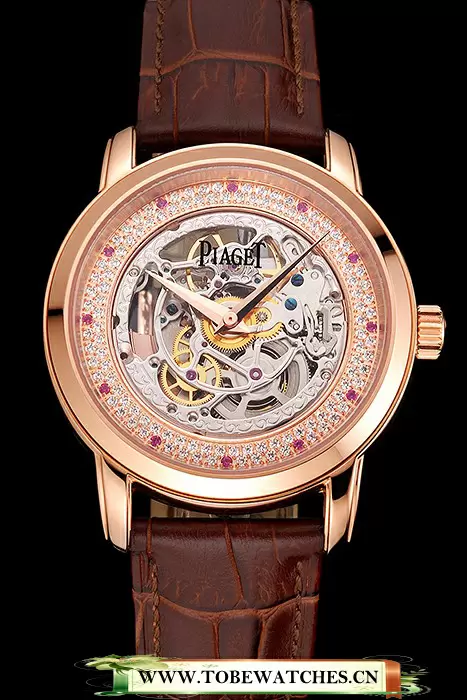 Piaget Altiplano Skeleton Dial With Diamonds Rose Gold Case Brown Leather Strap En122780