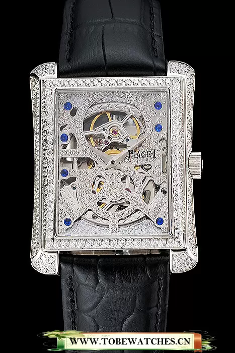 Piaget Emperador Tourbillon Skeleton Silver Diamond Case Black Leather Bracelet En124559