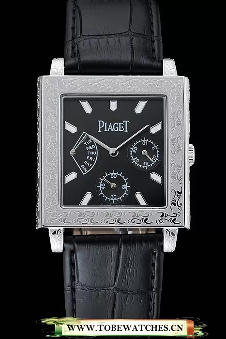 Piaget Emperador Limited Edition Black Dial Engraved Silver Case Black Leather Bracelet En125133