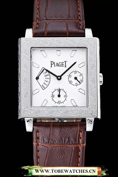 Piaget Emperador Limited Edition White Dial Engraved Silver Case Brown Leather Bracelet En125135
