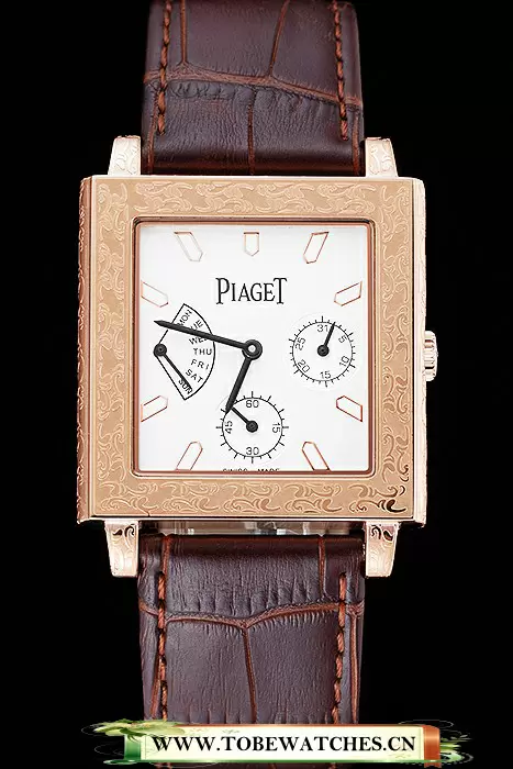 Piaget Emperador Limited Edition White Dial Engraved Rose Gold Case Brown Leather Bracelet En125137