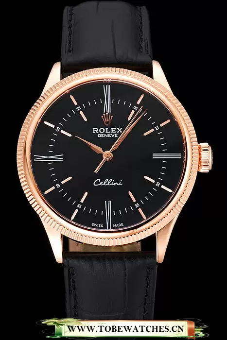 Rolex Cellini Time Rose Gold Case Black Dial Black Leather Bracelet En119934