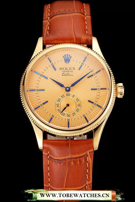 Rolex Cellini Gold Dial Blue Markings Gold Case Light Brown Leather Strap En121587