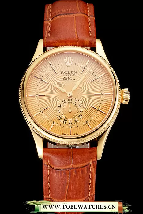 Rolex Cellini Gold Dial Gold Case Light Brown Leather Strap En121588