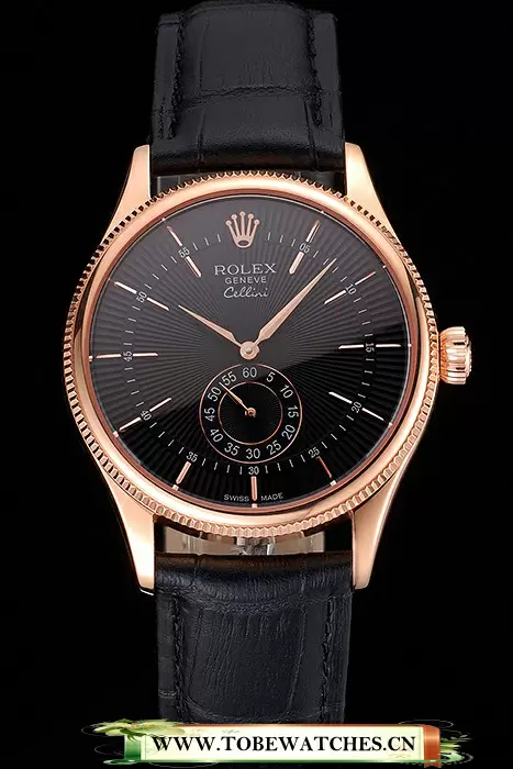 Rolex Cellini Black Dial Rose Gold Case Black Leather Strap En121591