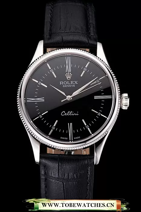 Rolex Cellini Black Dial Roman Numerals Stainless Steel Case Black Leather Strap En121597