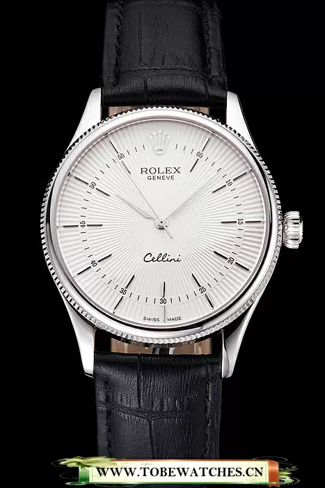 Rolex Cellini White Guilloche Dial Stainless Steel Case Black Leather Strap En121599