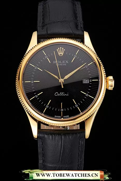 Rolex Cellini Date Black Dial Gold Case Black Leather Strap En121603