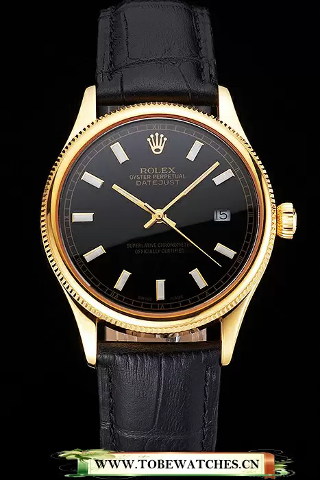 Rolex Datejust Black Dial Gold Case Black Leather Strap En121604