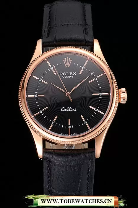 Rolex Cellini Black Dial Rose Gold Markings Rose Gold Case Black Leather Strap En121608