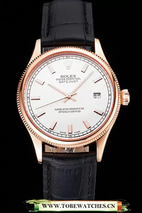 Rolex Datejust White Dial Rose Gold Case Black Leather Strap En121611