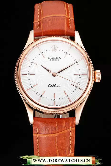 Rolex Cellini White Dial Rose Gold Case Brown Leather Strap En121612