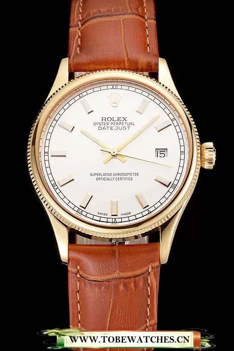 Rolex Datejust White Dial Gold Case Light Brown Leather Strap En121615