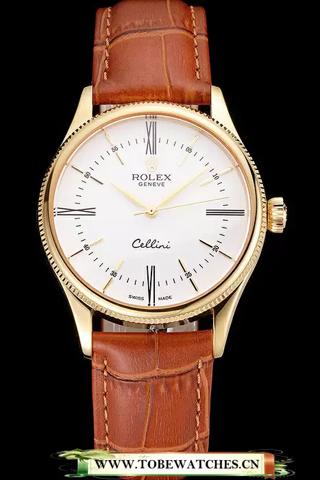 Rolex Cellini White Dial Roman Numerals Gold Case Light Brown Leather Strap En121616