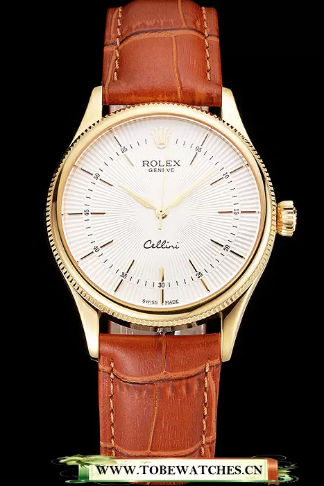 Rolex Cellini White Guilloche Dial Gold Case Light Brown Leather Strap En121617
