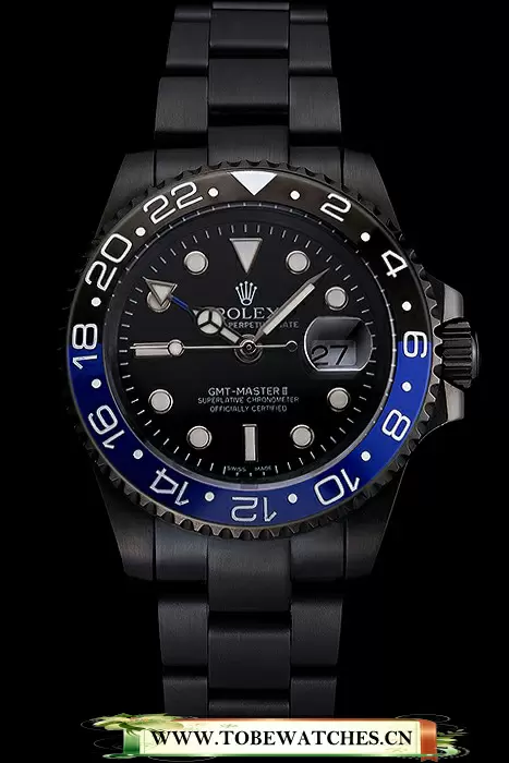 Rolex GMT Master II Black Dial Blue And Black Bezel Black PVD Case And Bracelet En122009