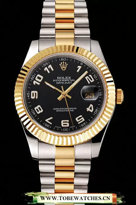 Rolex Datejust Black Dial Gold Bezel Stainless Steel Case Two Tone Bracelet En122501