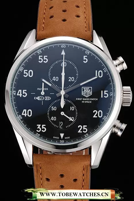 Tag Heuer Carrera SpaceX Silver Bezel With Black Dial And Light Brown Leather Strap En117629