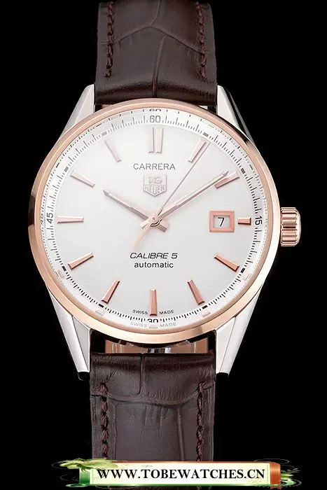 Tag Heuer Carrera Calibre 5 White Dial Rose Gold Case Brown Leather Strap En121632