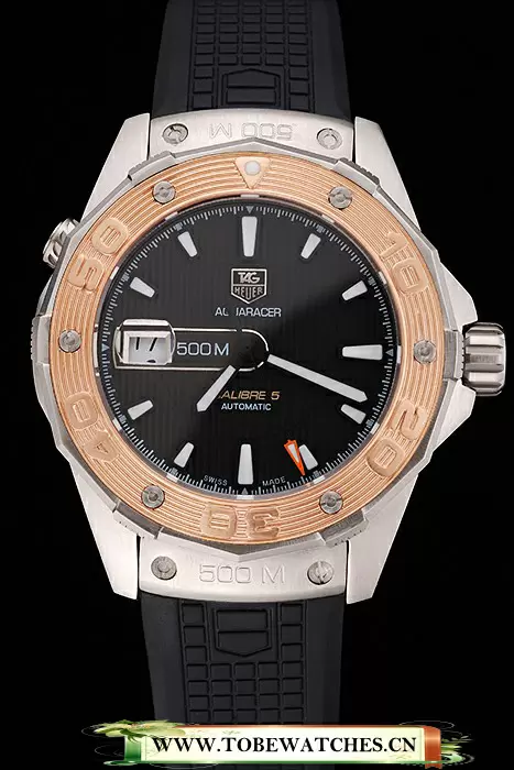 Tag Heuer Aquaracer Calibre 5 Black Dial Gold Bezel Stainless Steel Case Black Rubber Strap En122158