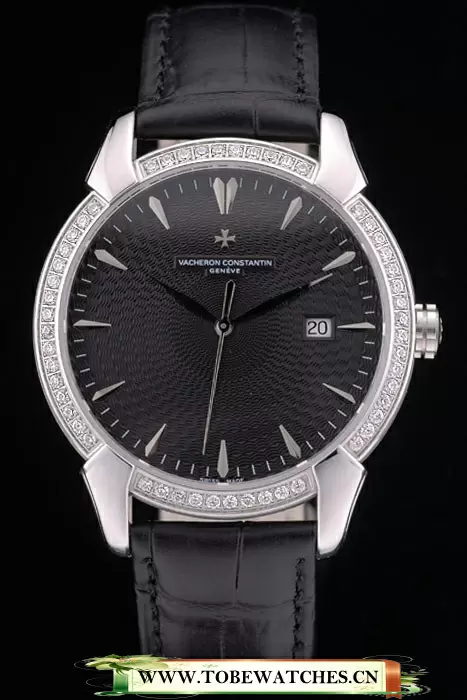 Vacheron Constantin Traditionnelle Black Dial Stainless Steel Diamond Case Black Leather Bracelet En105422