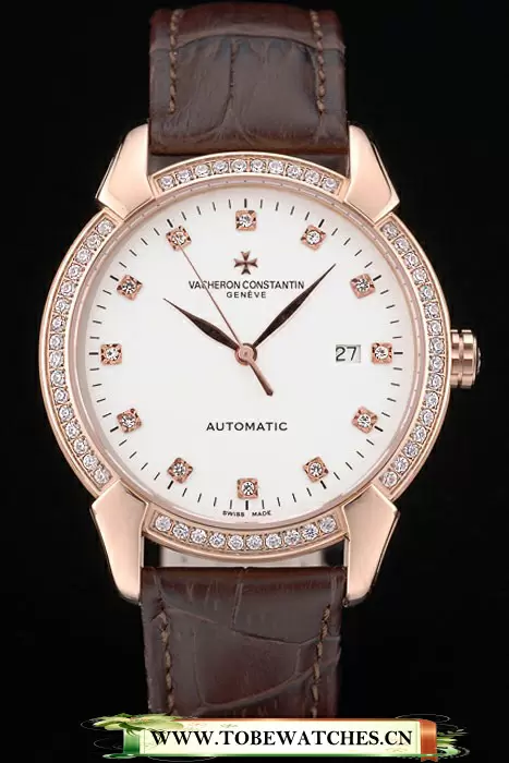 Vacheron Constantin Traditionnelle White Dial Rose Gold Diamond Case Brown Leather Bracelet En105482