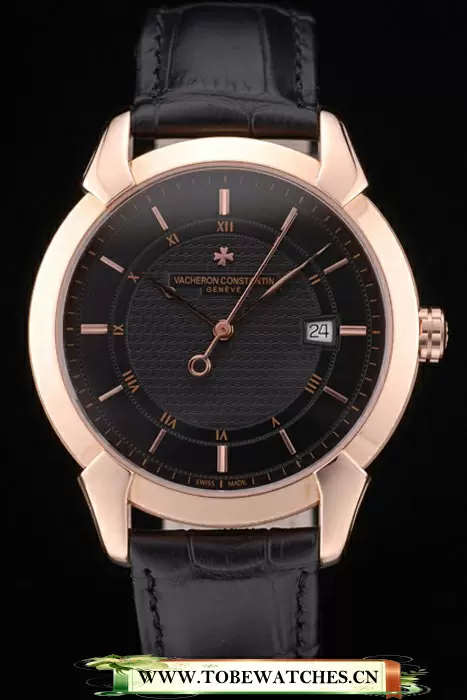 Vacheron Constantin Traditionnelle Black Dial Rose Gold Case Black Leather Bracelet En105492