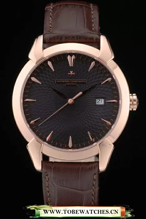 Vacheron Constantin Traditionnelle Black Dial Rose Gold Case Brown Leather Bracelet En105502