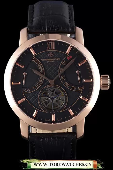 Vacheron Constantin Tourbillon Black Dial Rose Gold Case Black Leather Bracelet En112853